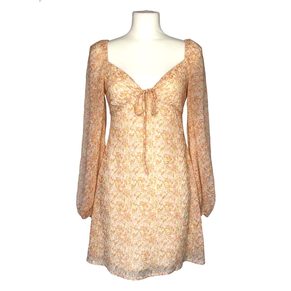 Sky to Moon Orange Cream Floral Coquette Mini Dress Long Balloon Sleeve Medium